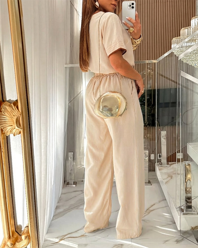 2 Pieces Outfit Short Sleeve Pullover Top and Elastic Waist Wide Leg Pants Set Casual Contrast Paneled Set