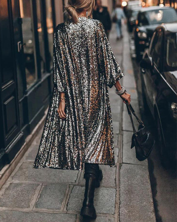 Sequin Placket Coat Long Cardigan