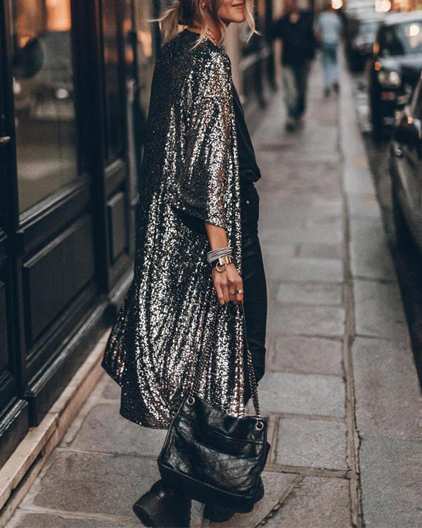 Sequin Placket Coat Long Cardigan