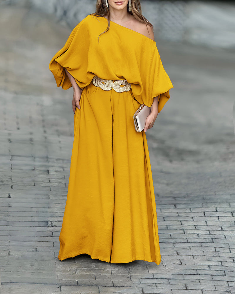 Skew Neck Lantern Sleeve Loose Top & Zipper Fly Wide Leg Pants Set Without Belt