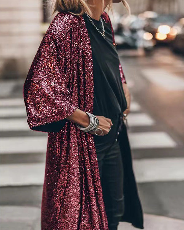 Sequin Placket Coat Long Cardigan