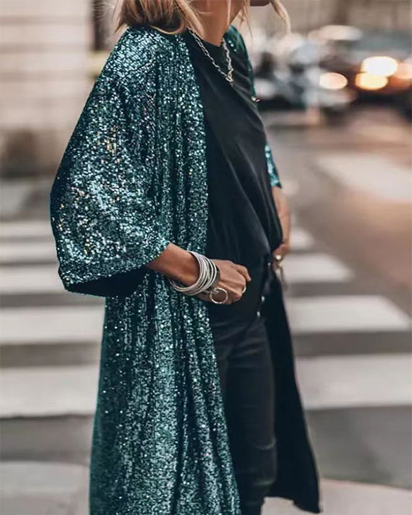 Sequin Placket Coat Long Cardigan