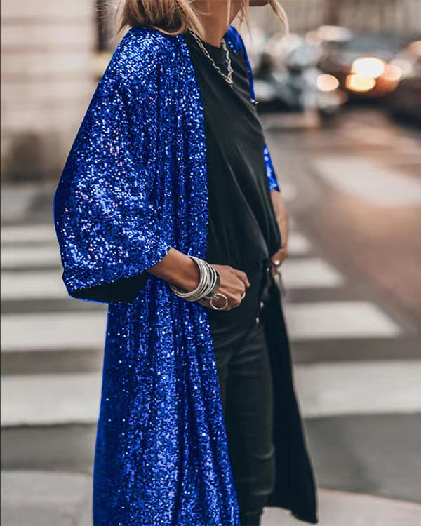 Sequin Placket Coat Long Cardigan