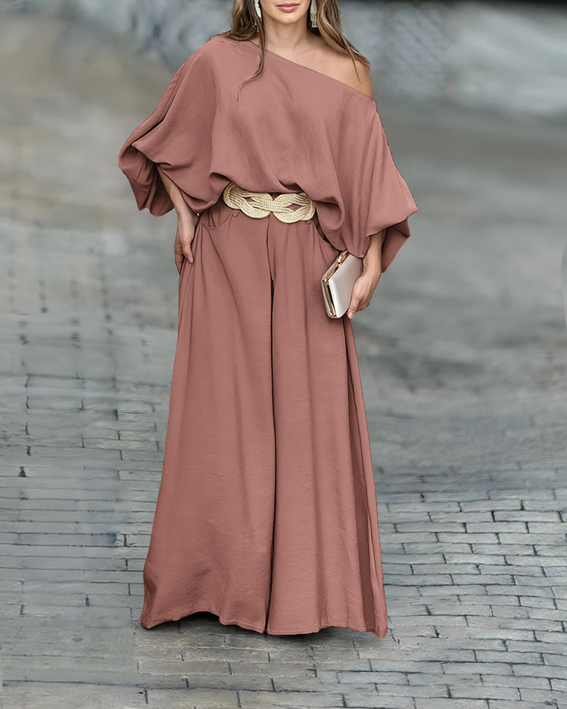 Skew Neck Lantern Sleeve Loose Top & Zipper Fly Wide Leg Pants Set Without Belt