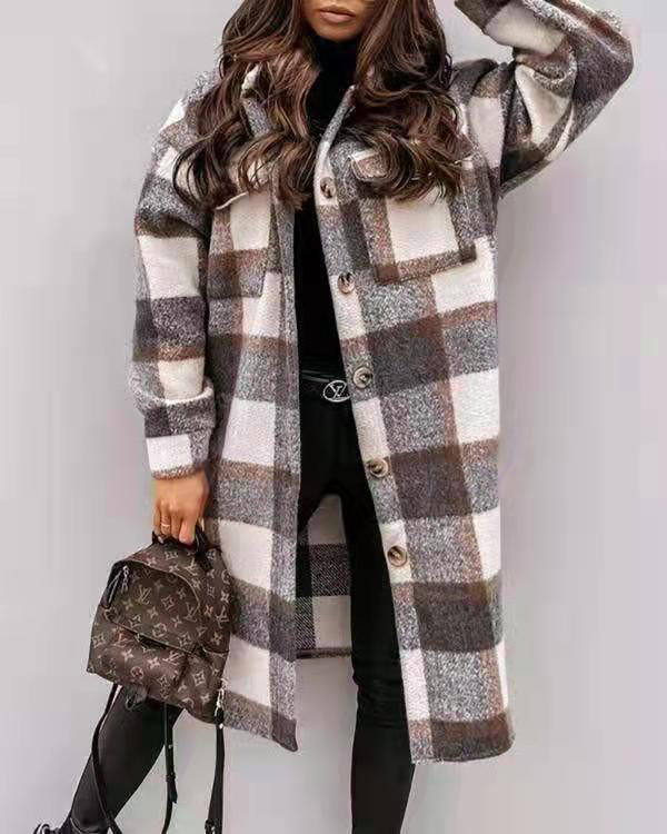Street Plaid Long Wollen Coat